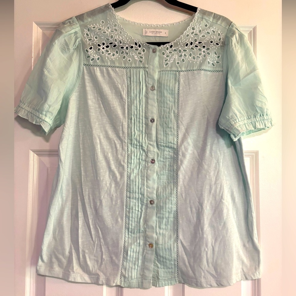Lucky Brand Mixed Media Eyelet Top, size Medium